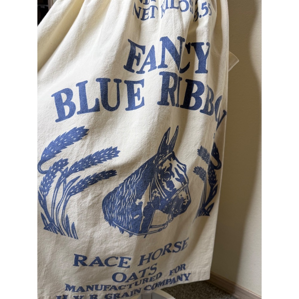 Feed Sack Dress Medium Blue Ribbon Horse Flour Upcycled Cottagecore Farmcore - Picture 15 of 16